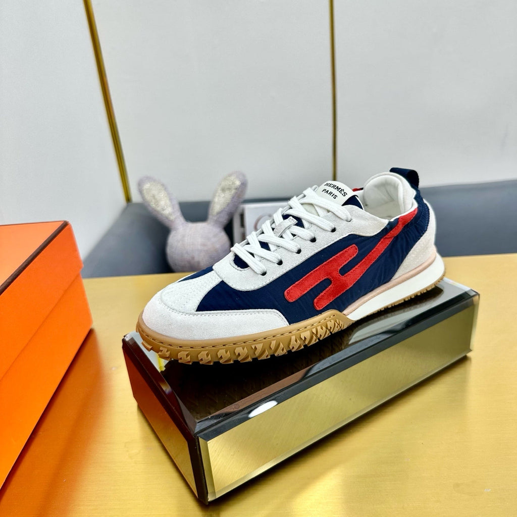HERMES JET SNEAKER IN WHITE MIX NAVY BLUE SUEDE