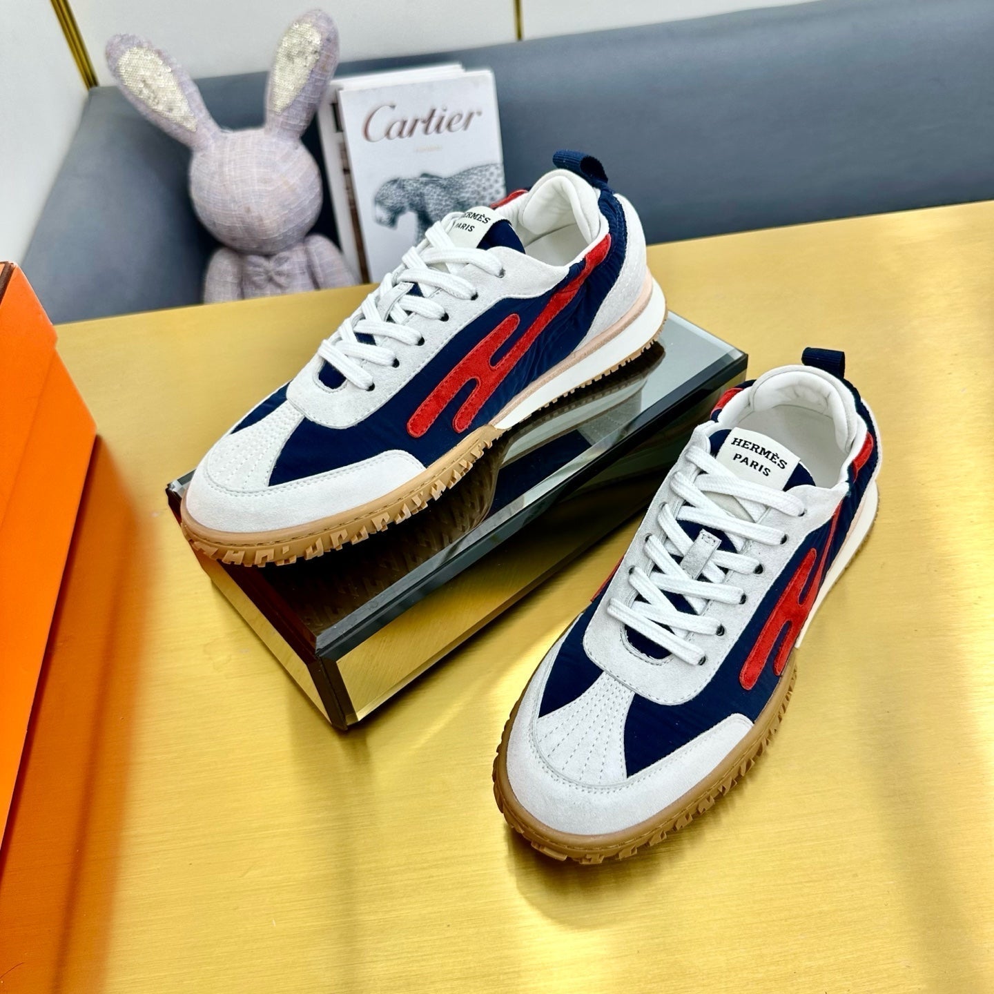 HERMES JET SNEAKER IN WHITE MIX NAVY BLUE SUEDE