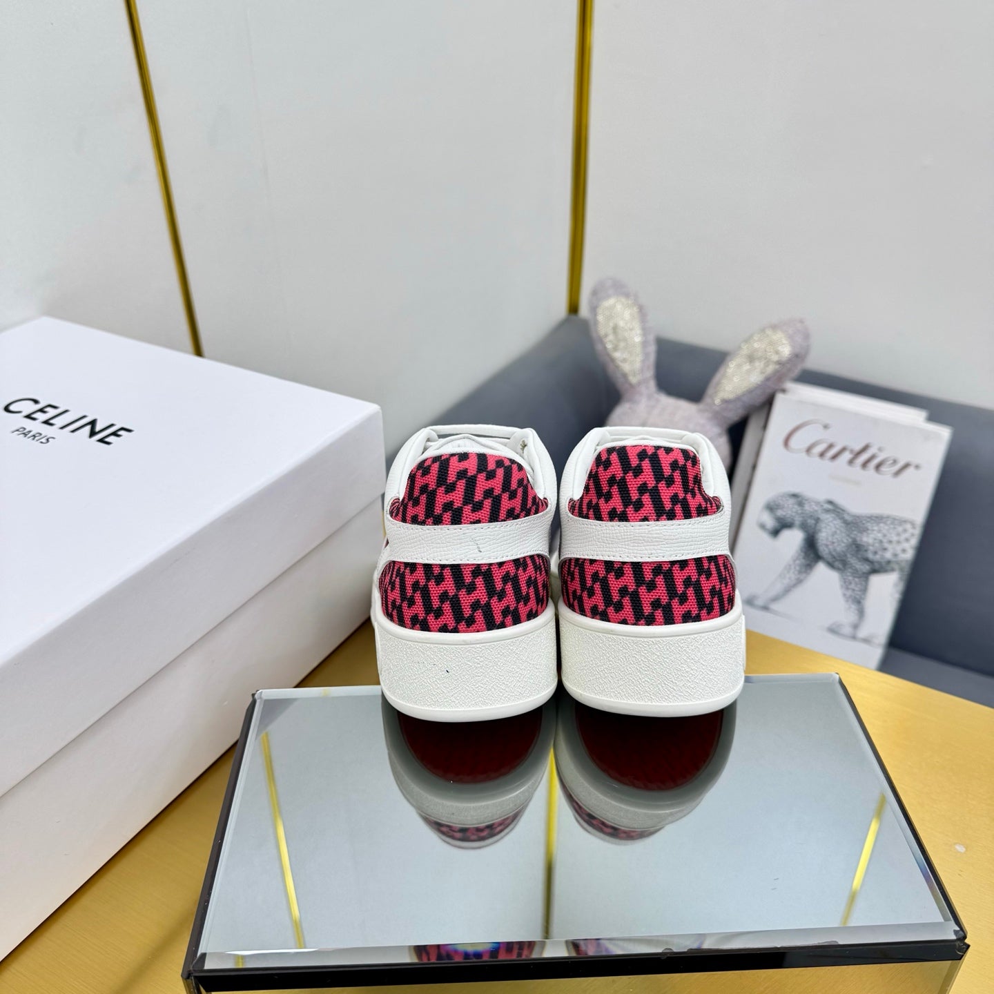 HERMES FREE SNEAKER IN WHITE CALFSKIN AND "H EN BIAIS" RED CANVAS.