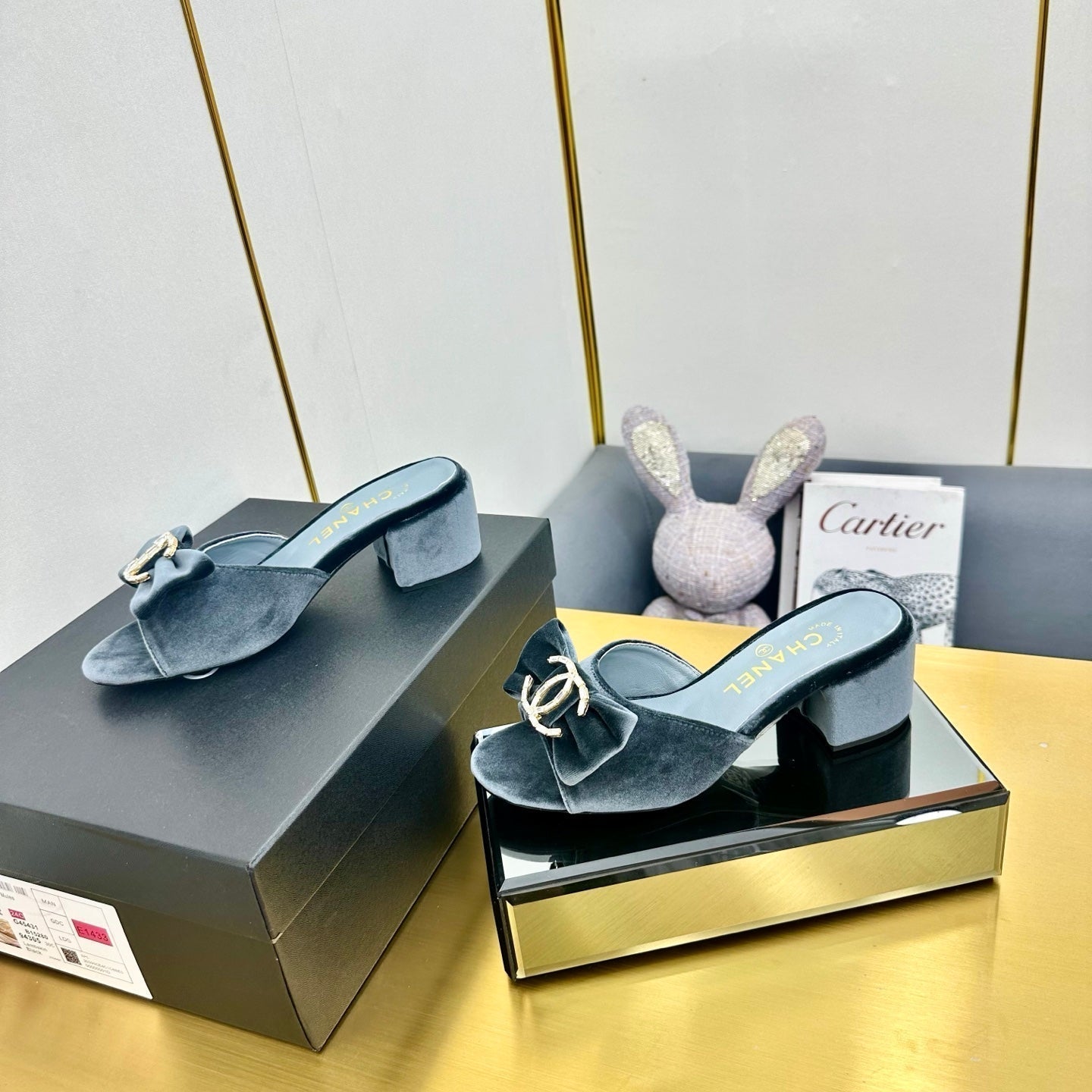 CHANEL BOWKNOT RHINESTONES MID HEEL MULE IN STONE BLUE VELVET
