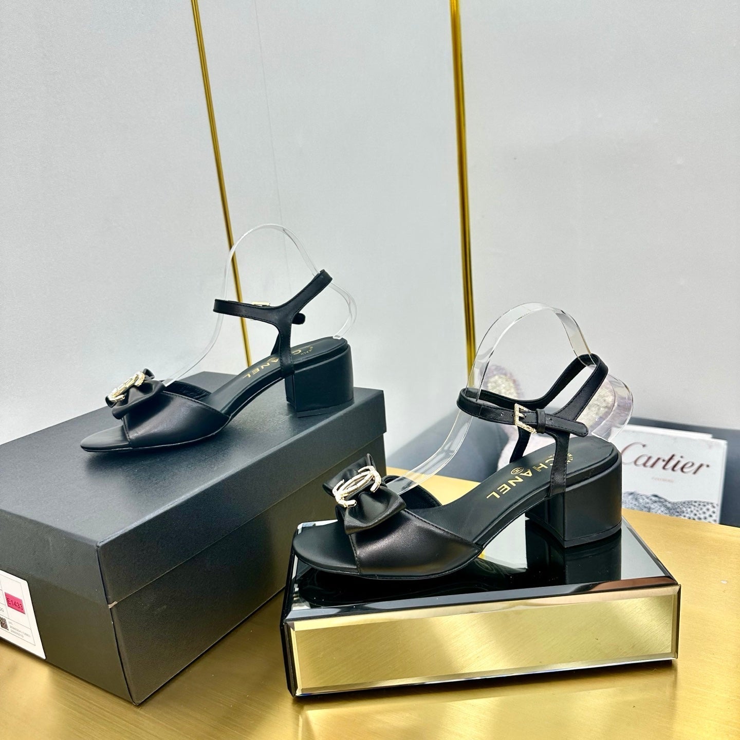 CHANEL BOWKNOT RHINESTONES MID HEEL SANDAL IN BLACK CALFSKIN