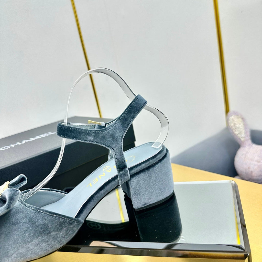 CHANEL BOWKNOT RHINESTONES MID HEEL SANDAL IN STONE BLUE VELVET