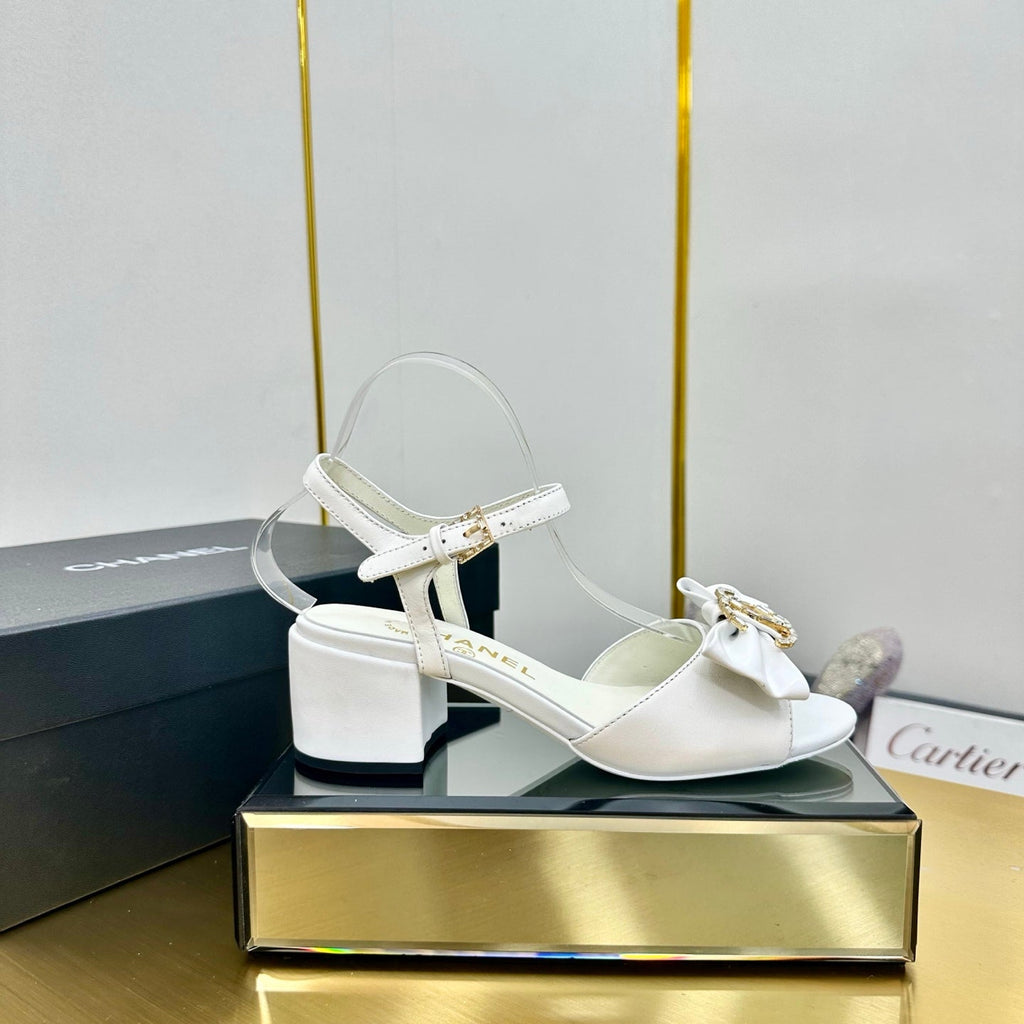 CHANEL BOWKNOT RHINESTONES MID HEEL SANDAL IN WHITE LAMBSKIN