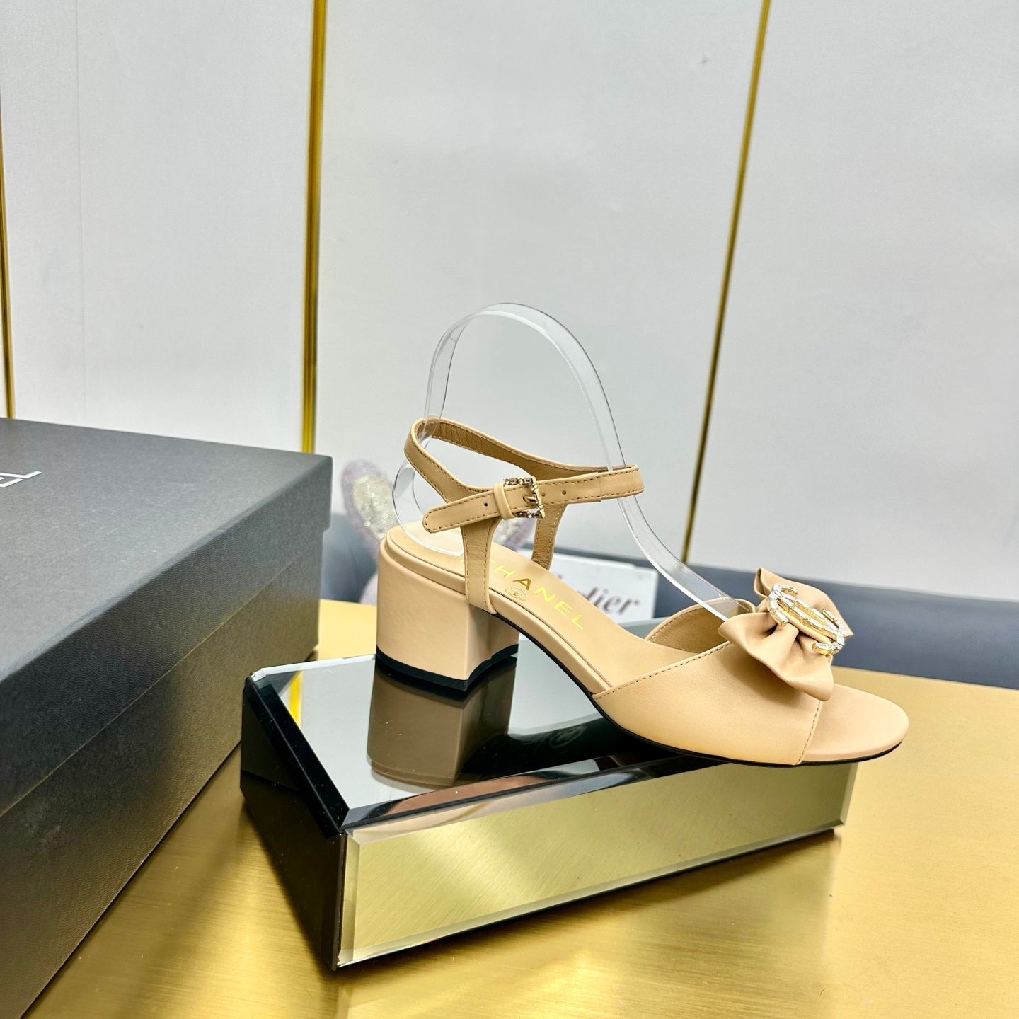 CHANEL BOWKNOT RHINESTONES MID HEEL SANDAL IN FLAX YELLOW LAMBSKIN