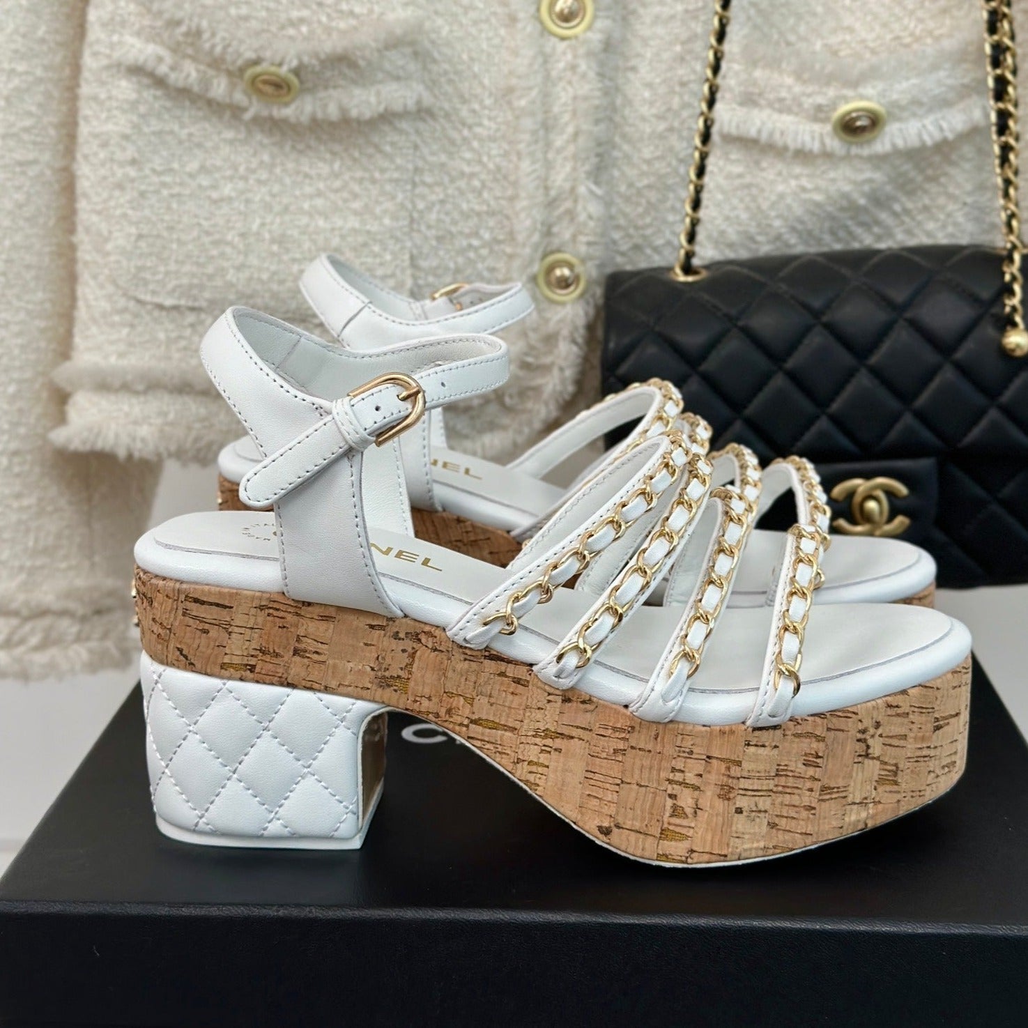 CHANEL Double C Wooden Chain Platform Block Heel Sandals White