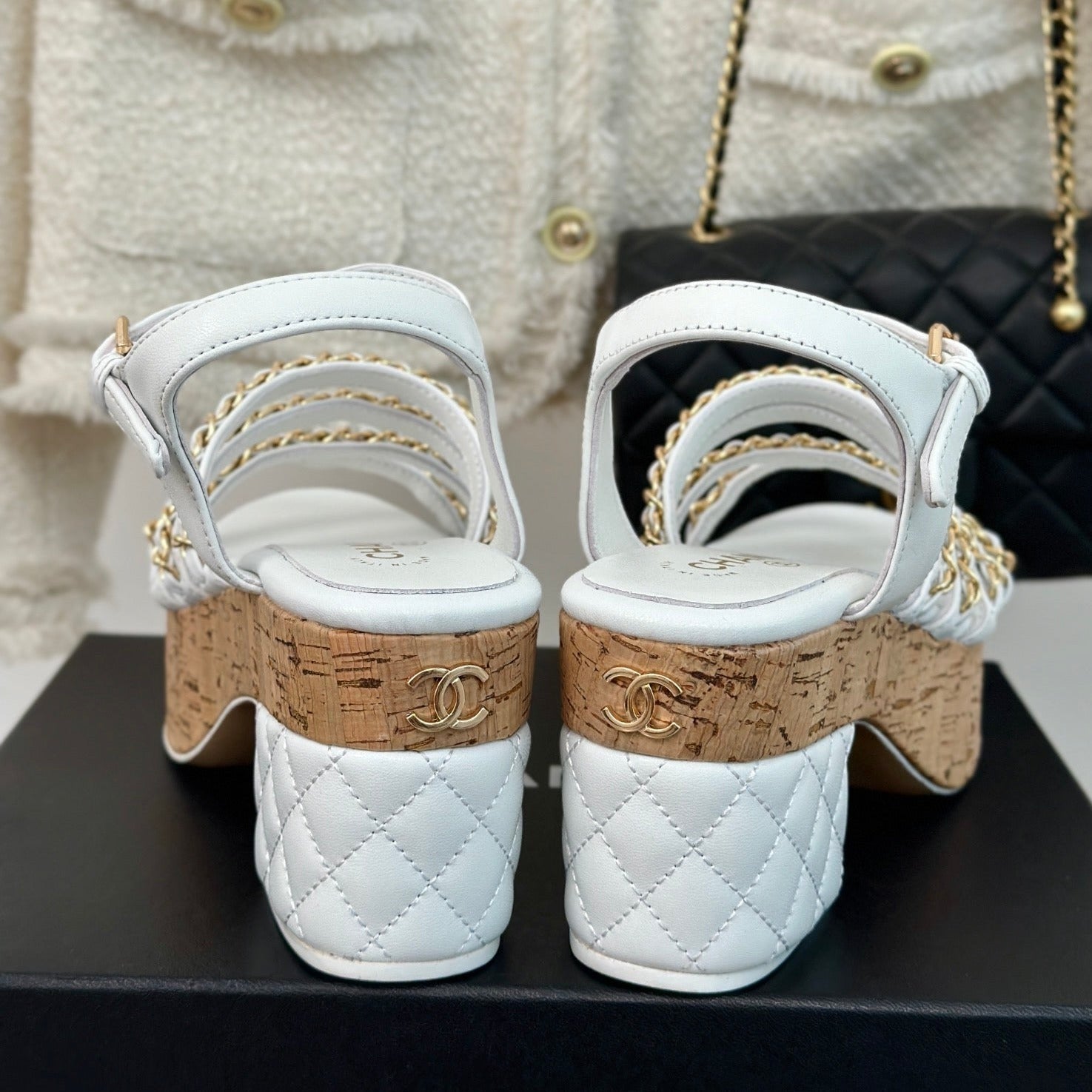 CHANEL Double C Wooden Chain Platform Block Heel Sandals White
