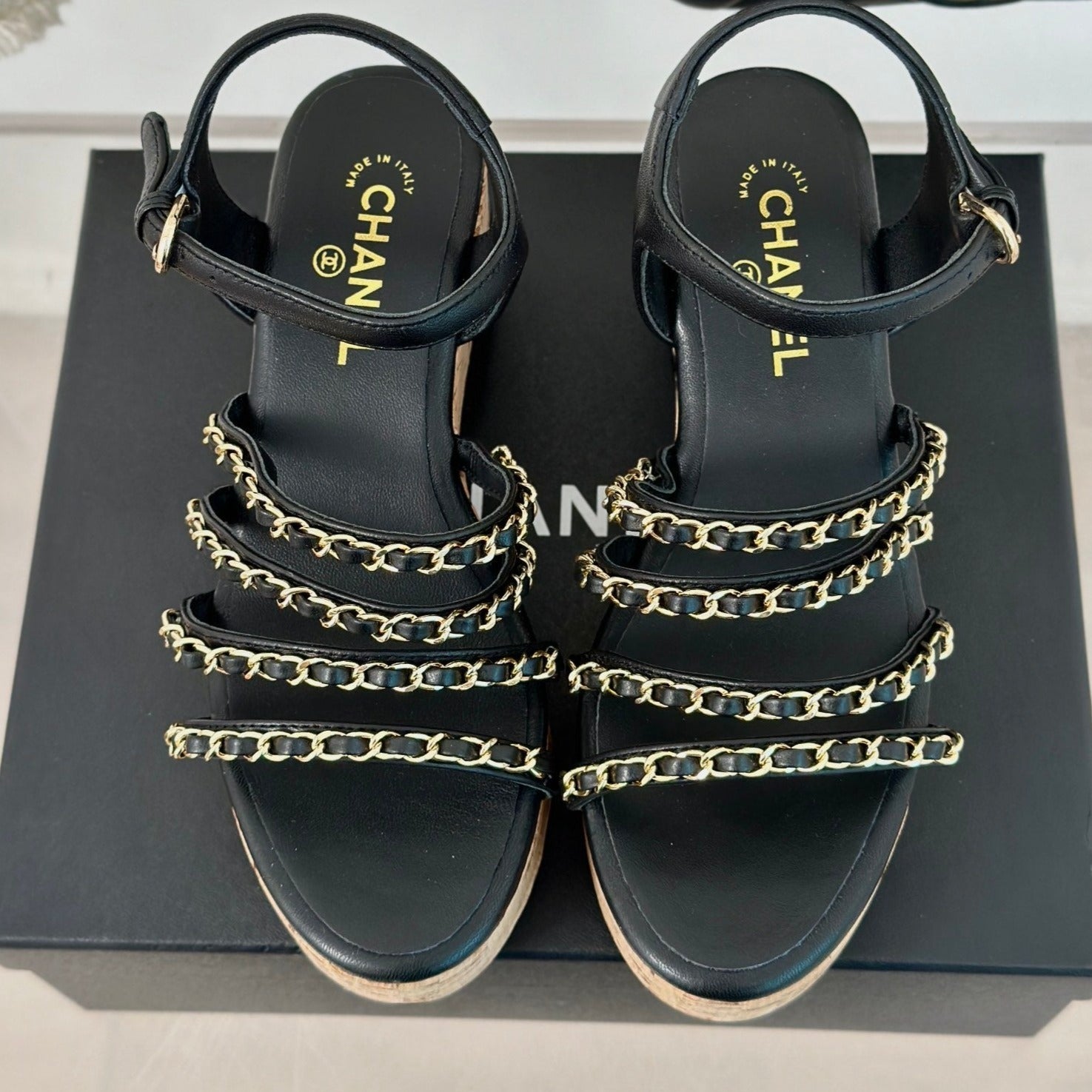 CHANEL Double C Wooden Chain Platform Block Heel Sandals Black
