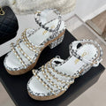 CHANEL Double C Wooden Chain Platform Block Heel Sandals Black Caro/ White