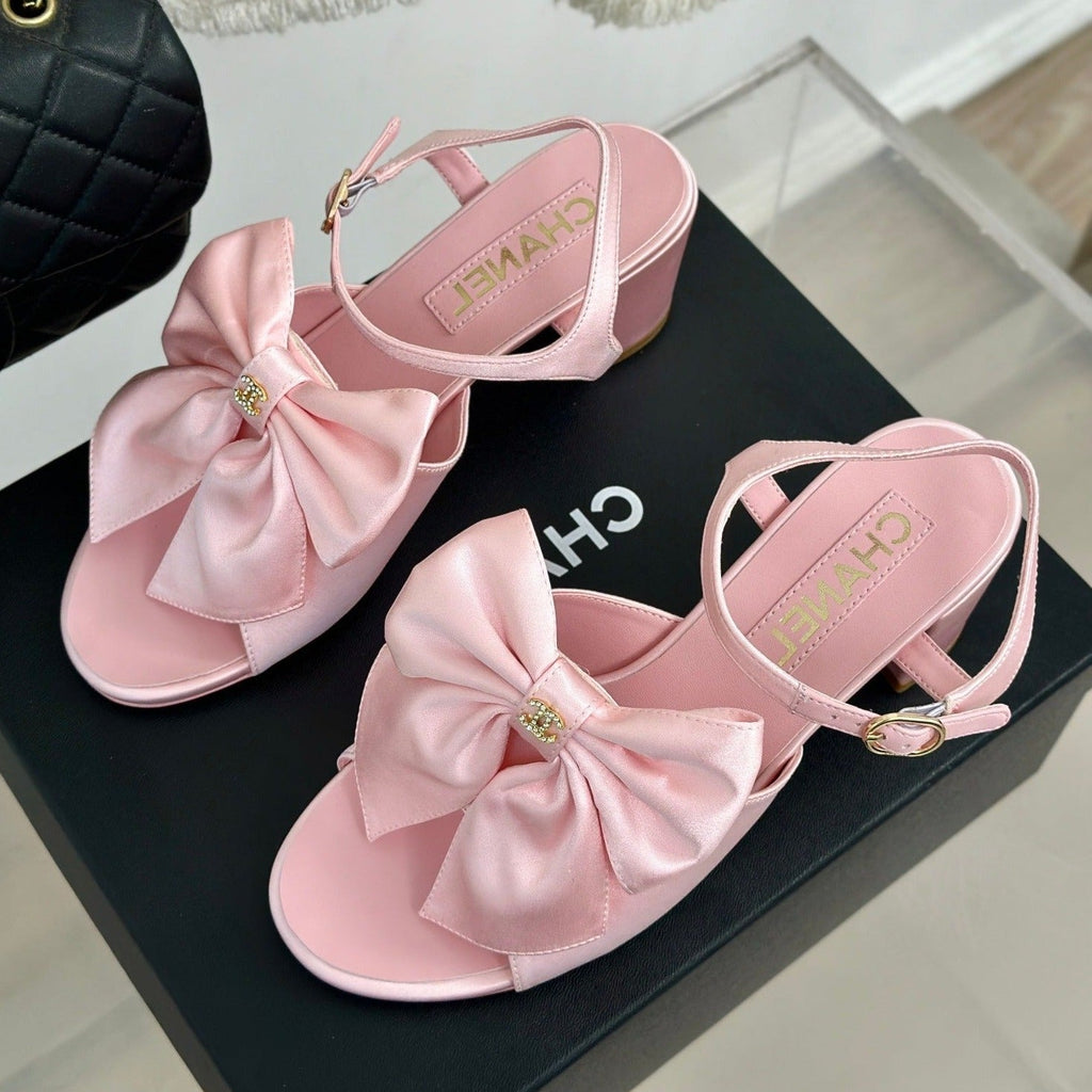 CHANEL Double  Big Bow High Sandal Sheepskin Light Pink