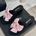 CHANEL Double  Big Bow High Heels Sheepskin Light Pink / Black