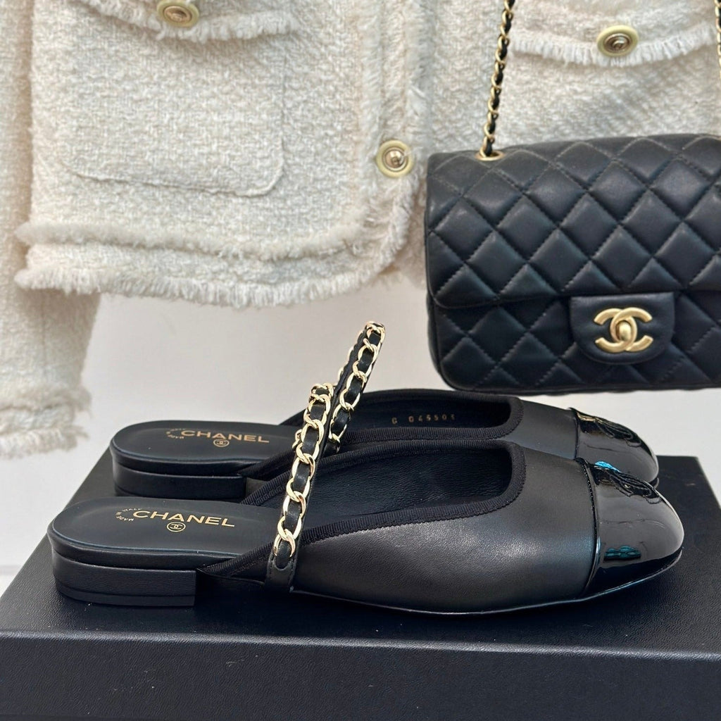 CHANEL Double C Two-Tone Chain Mules Black Lambskin