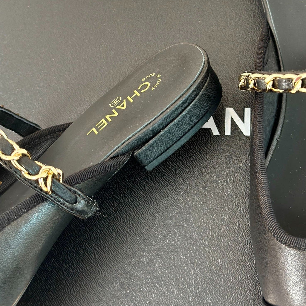 CHANEL Double C Two-Tone Chain Mules Black Lambskin