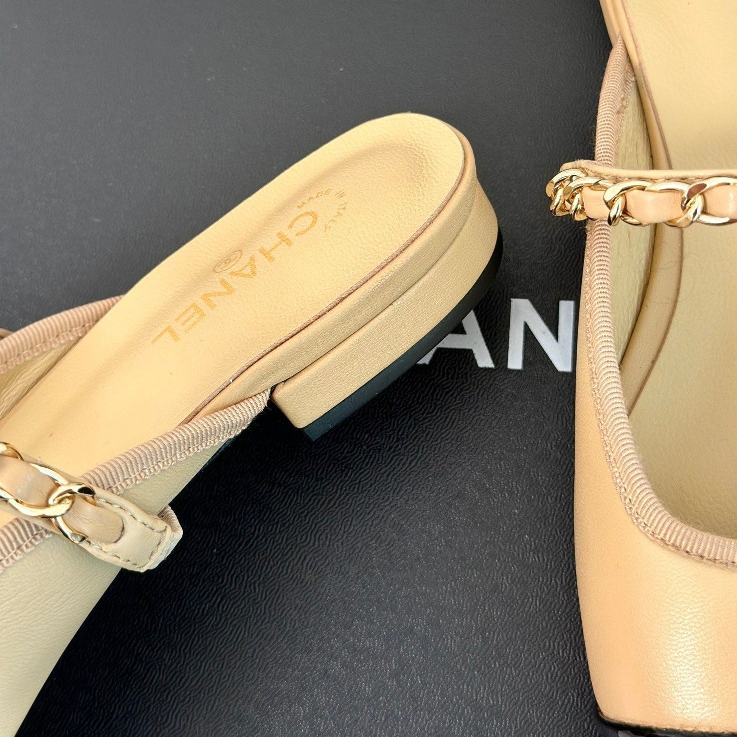 CHANEL Double C Two-Tone Chain Mules Dark Cream Lambskin