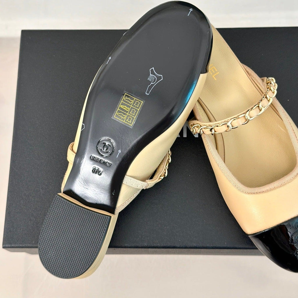 CHANEL Double C Two-Tone Chain Mules Dark Cream Lambskin