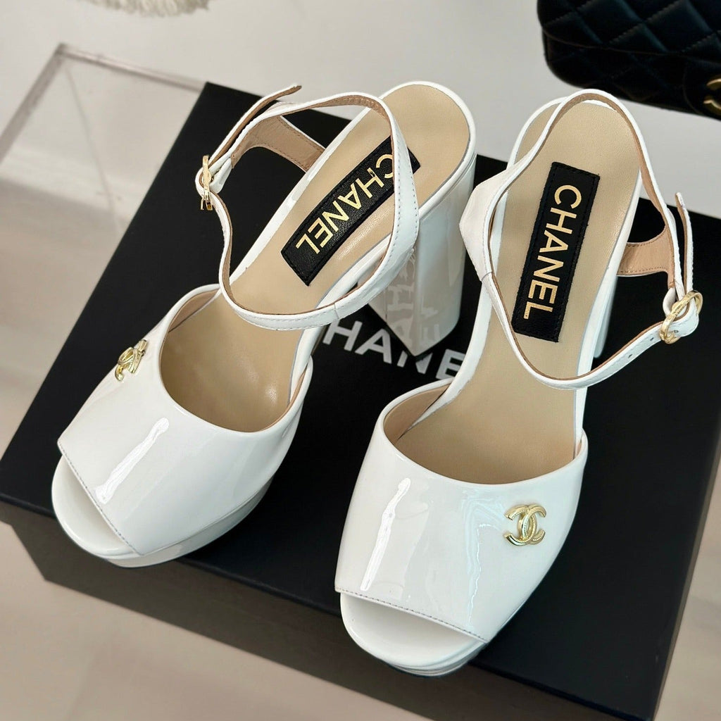 CHANEL Double C High Heel Sandals White Leather