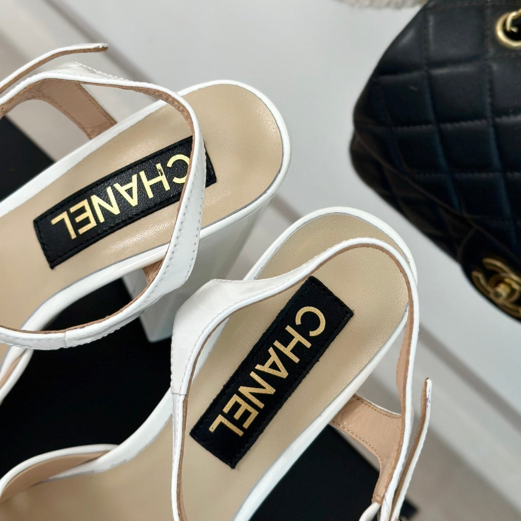 CHANEL Double C High Heel Sandals White Leather