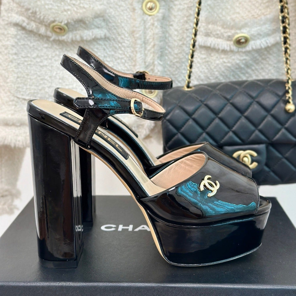 CHANEL Double C High Heel Sandals Black Leather