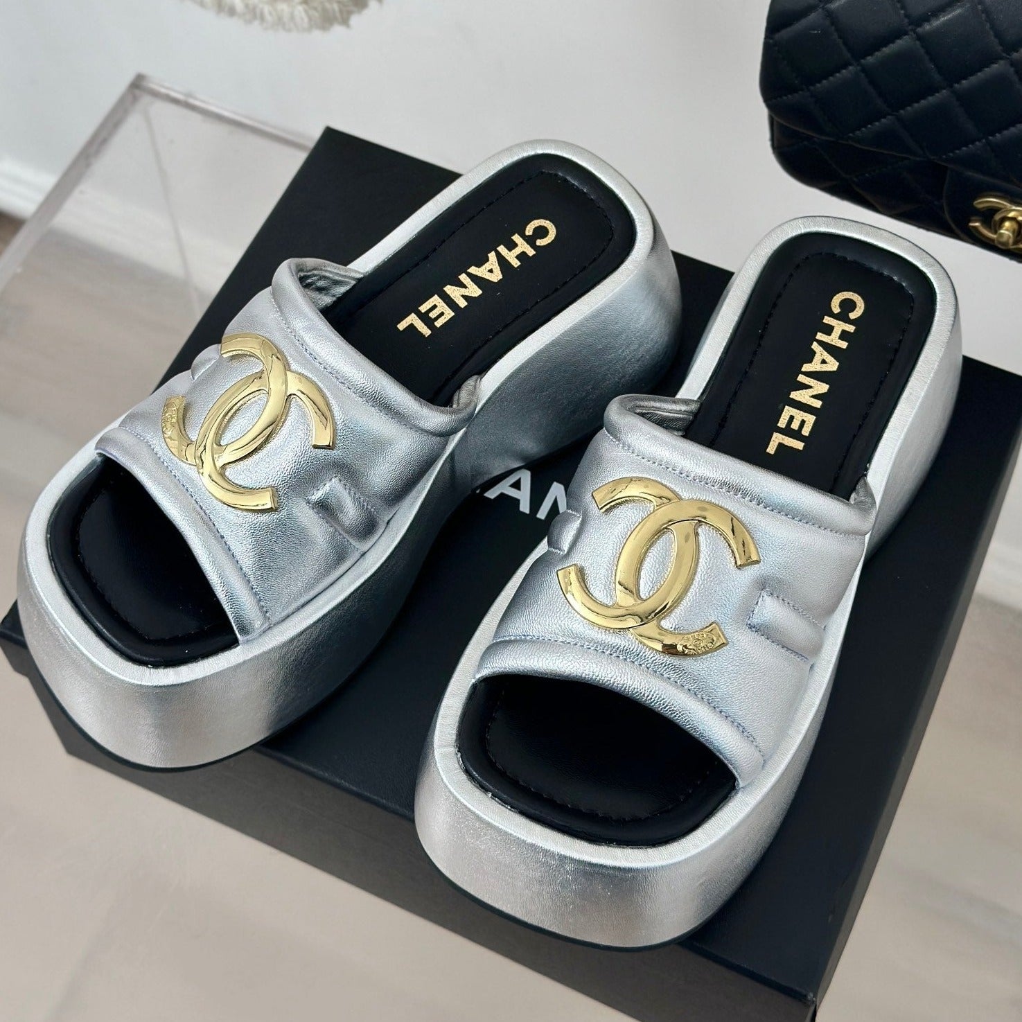 CHANEL Large Double C Platform Slippers Silver