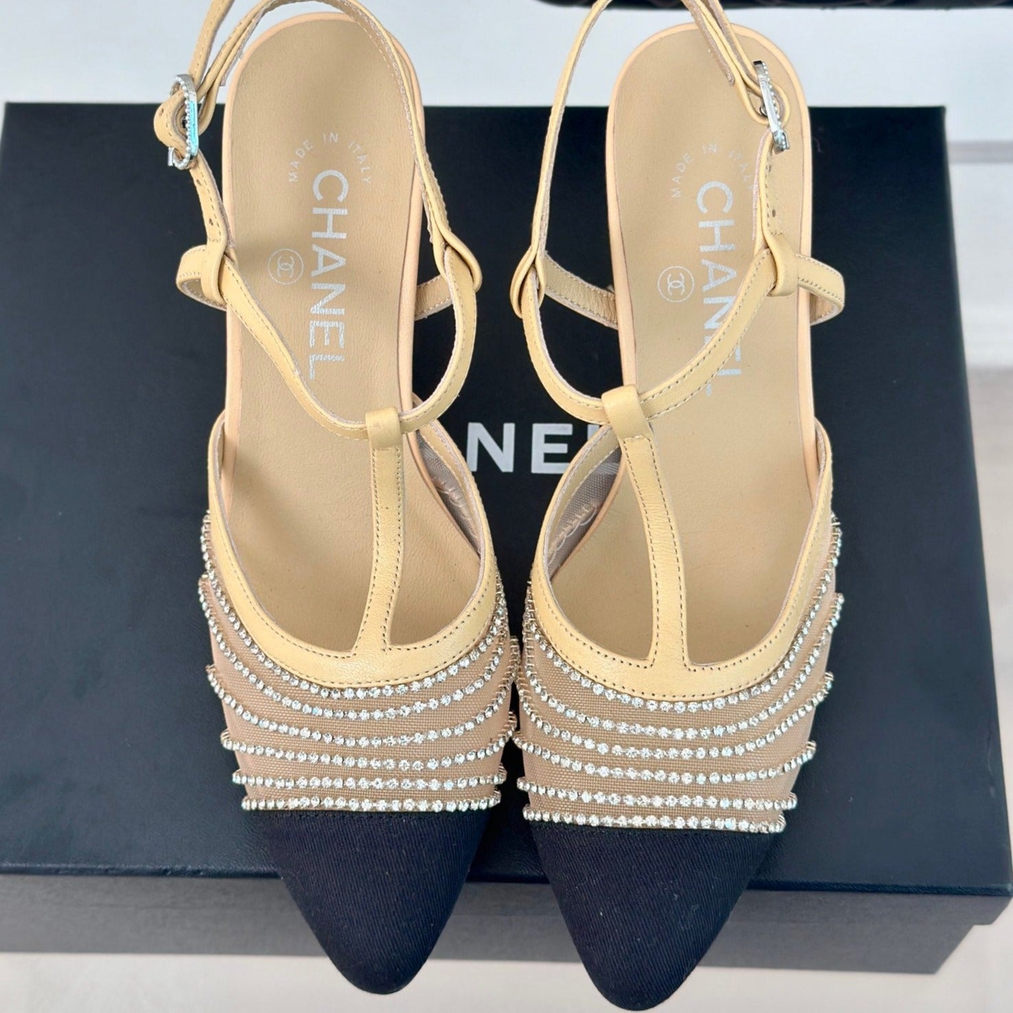 CHANEL Crystal Flat High Heel Sandals Beige Cream