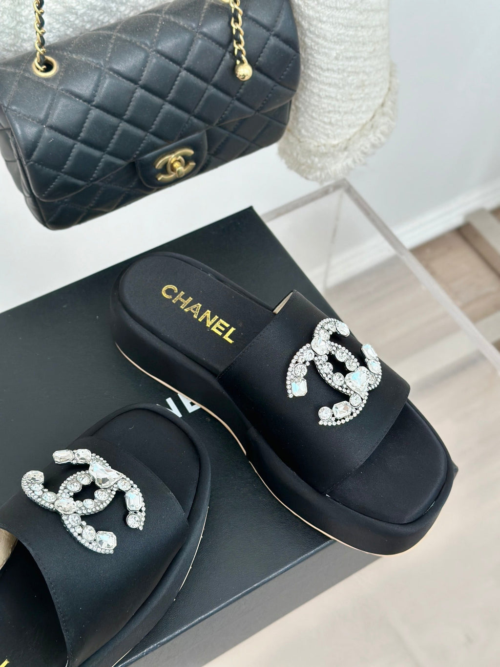 CHANEL SLIPPERS THICK SOLE IN BLACK SATIN