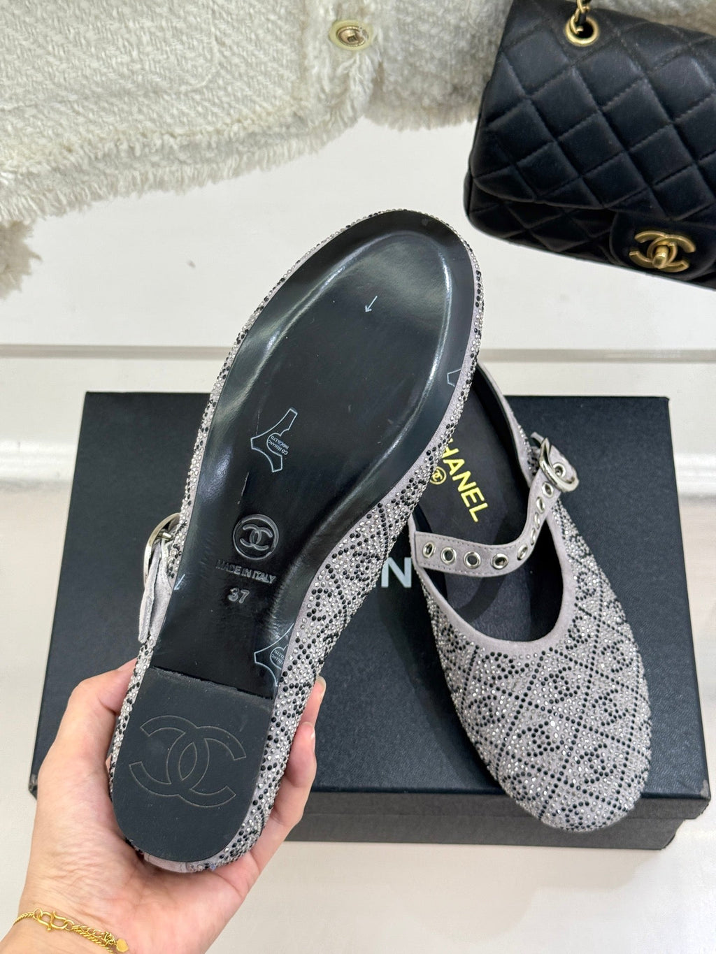 CHANEL FLAT MULES 25SS IN GREY EMBELLISHED WITH RHINESTONES