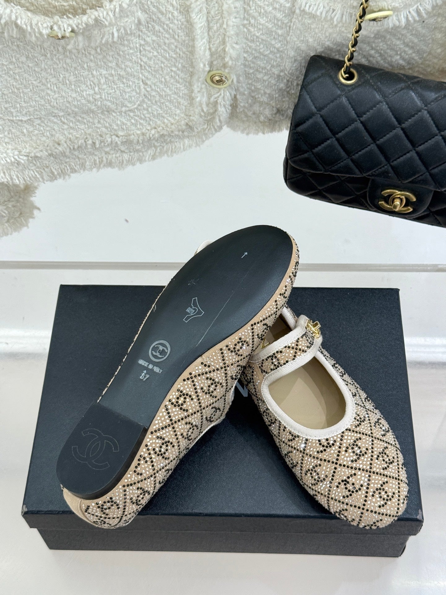 CHANEL FLAT MARY JANE 25SS IN BEIGE EMBELLISHED WITH RHINESTONES