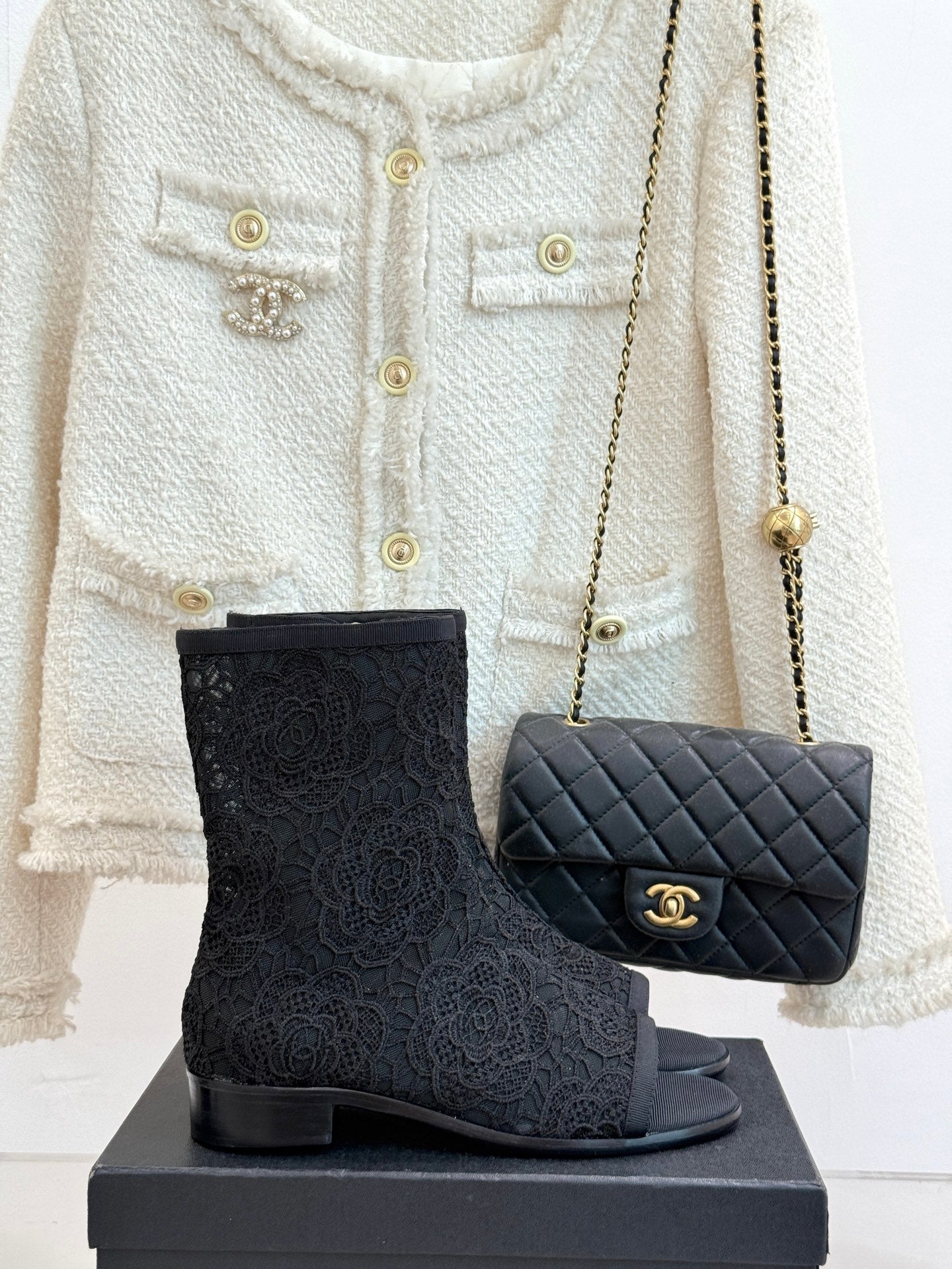 CHANEL PEEP-TOE BOOTS 25SS IN BLACK EMBOSSED LACE FABRIC