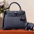 HERMES KELLY SELLIER 25 BAG IN PRUSSIAN BLUE OSTRICH LEATHER WITH GOLD HARDWARE