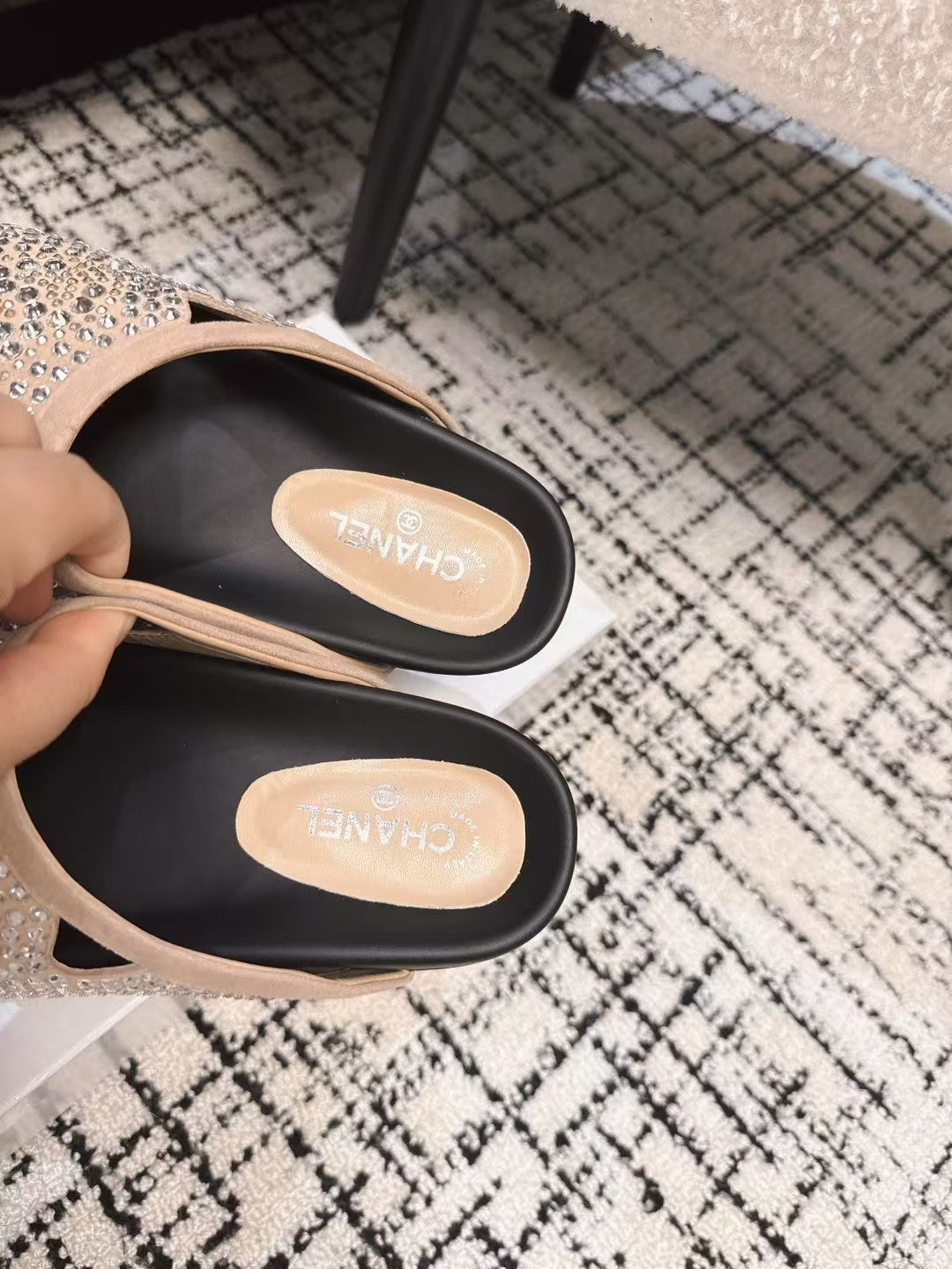 CHANEL FLAT MULE IN LIGHT BROWN SUEDE WITH CRYSTALS