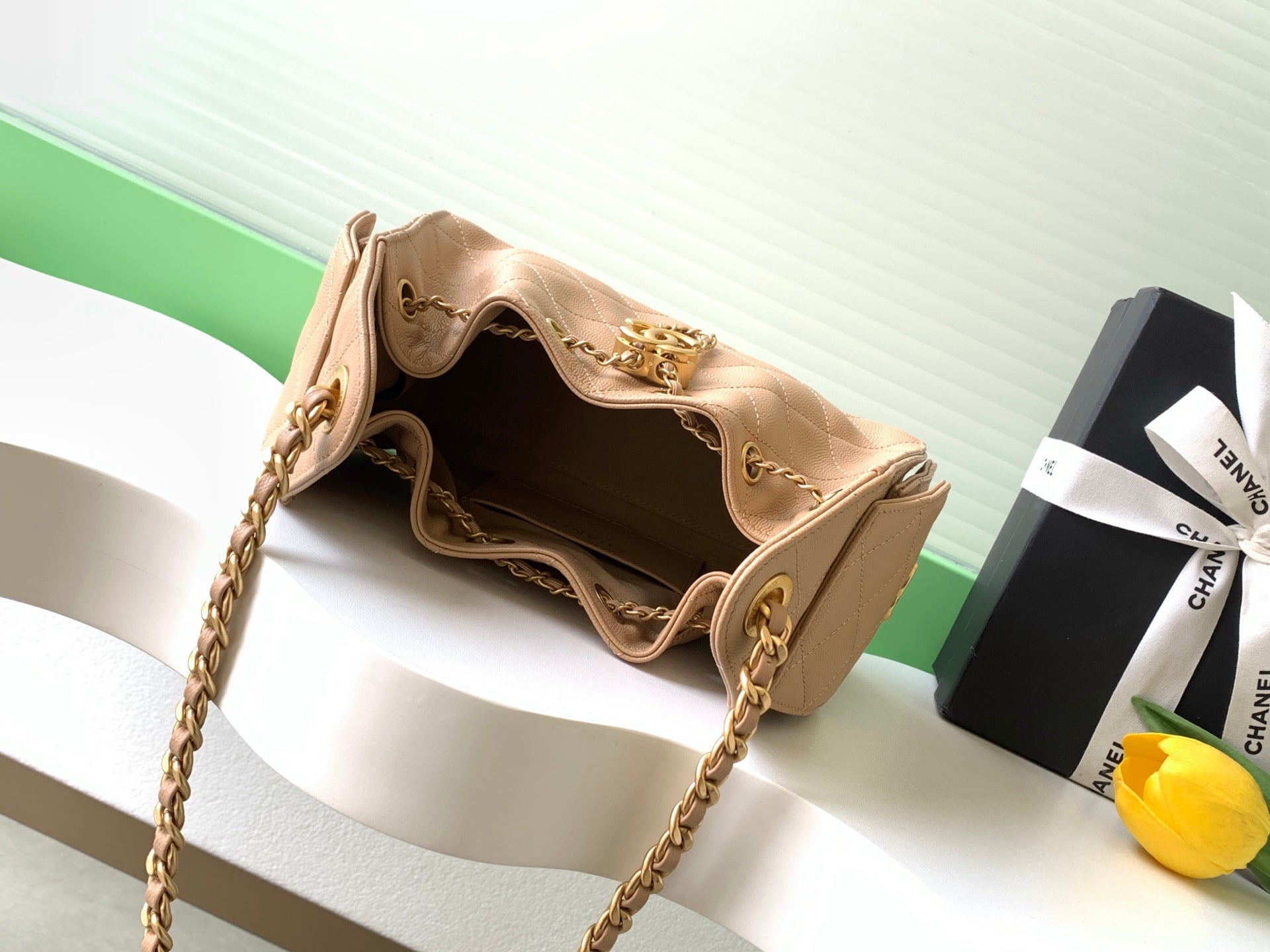 CHANEL 25S HOBO BAG 22 IN BEIGE BROWN CAVIAR LEATHER WITH GOLD HARDWARE