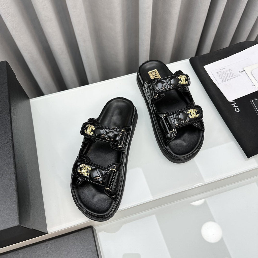 CHANEL DAD SANDALS BLACK PATENT LAMBSKIN MULES