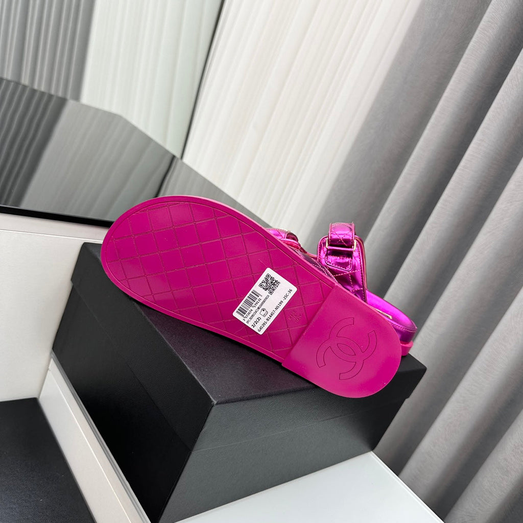 CHANEL dad sandals dark pink metalic lambskin mules