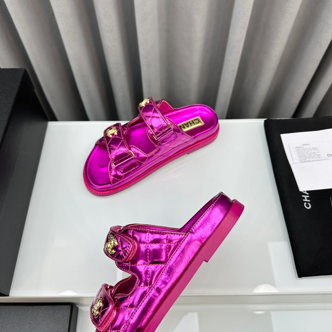 CHANEL dad sandals dark pink metalic lambskin mules