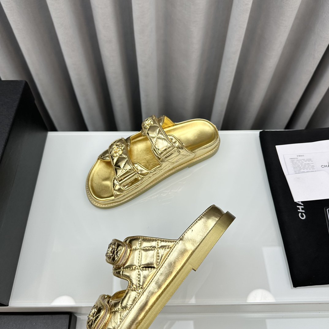 CHANEL dad sandals gold metalic lambskin mules