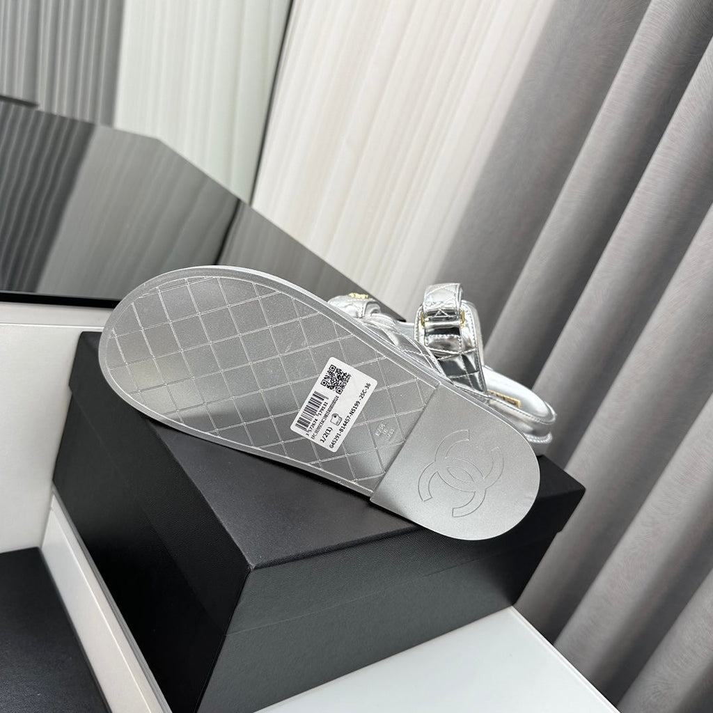 CHANEL dad sandals silver metalic lambskin mules