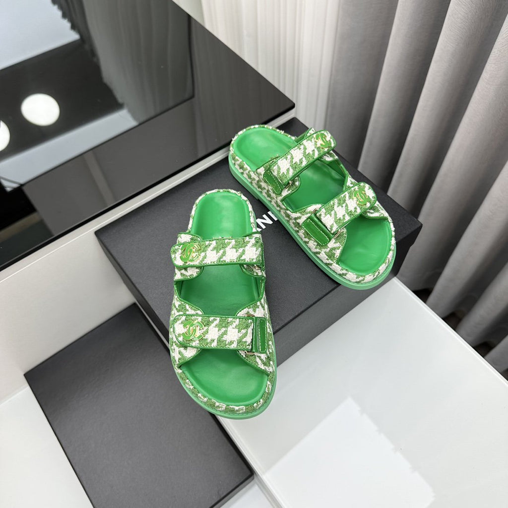 CHANEL dad sandals green white mules