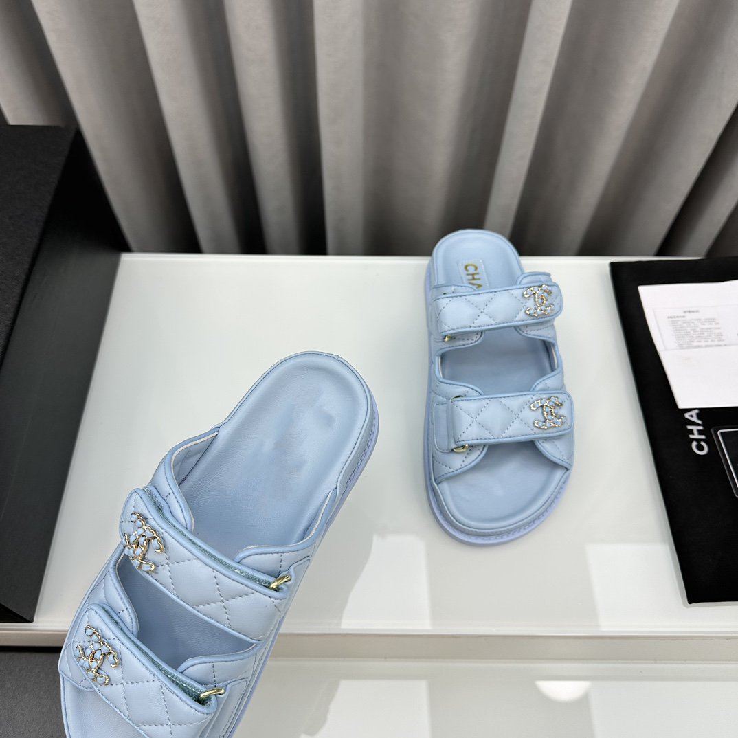 CHANEL dad sandals cloud blue lambskin mules