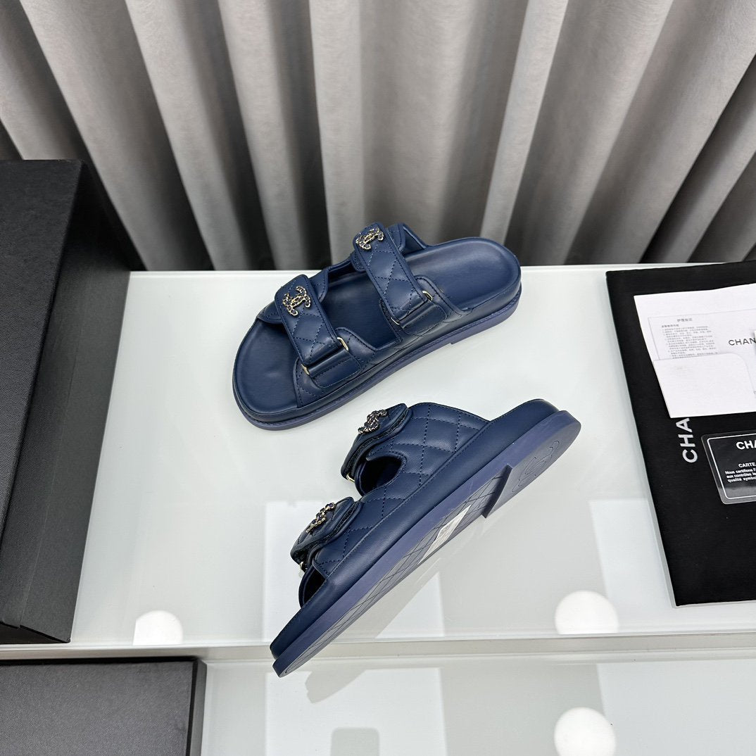 CHANEL dad sandals blue lambskin mules