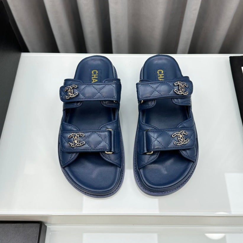 CHANEL dad sandals blue lambskin mules