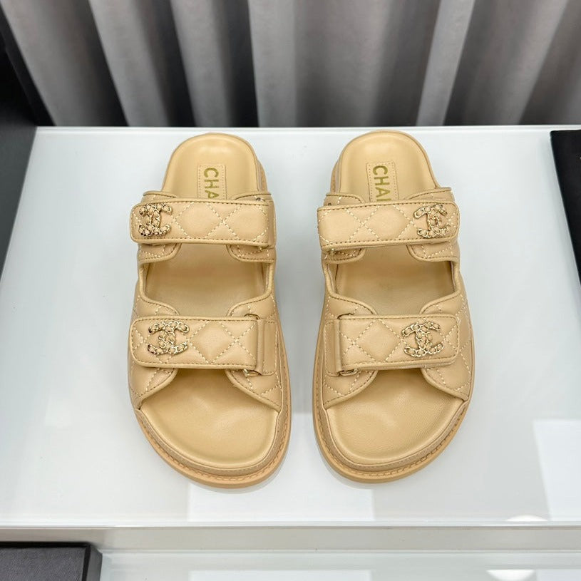 CHANEL dad sandals beige lambskin mules