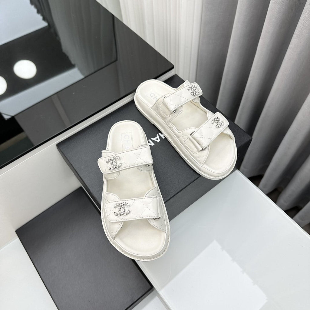CHANEL dad sandals white lambskin interwoven leather