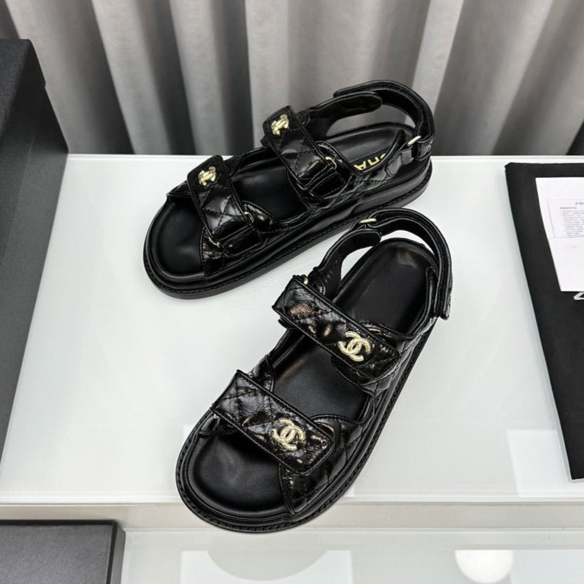 CHANEL dad sandals black patent lambskin