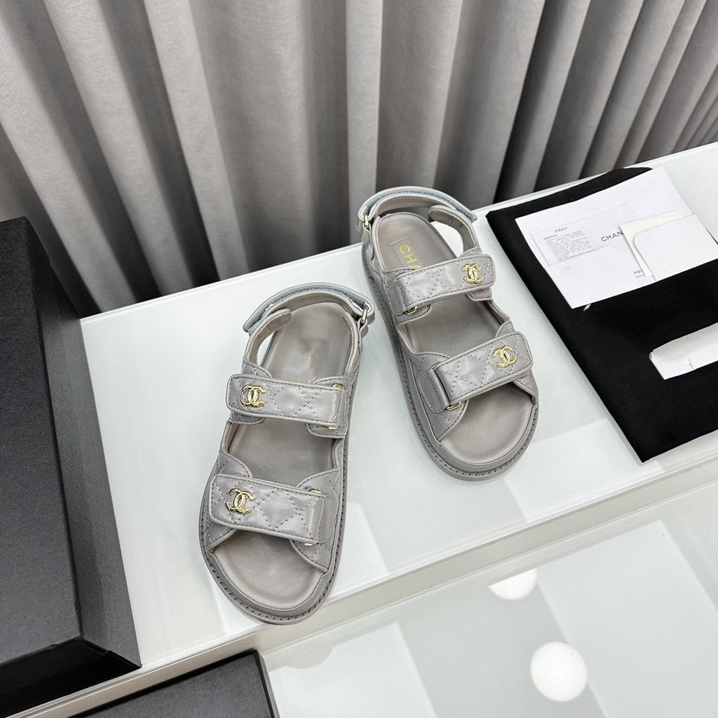 CHANEL dad sandals grey patent lambskin