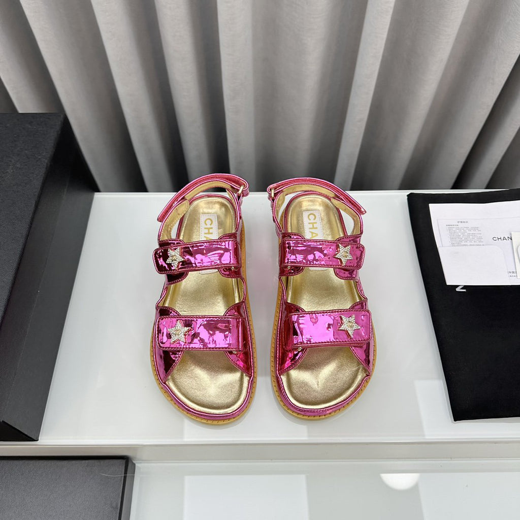 CHANEL dad sandals red metalic lambskin