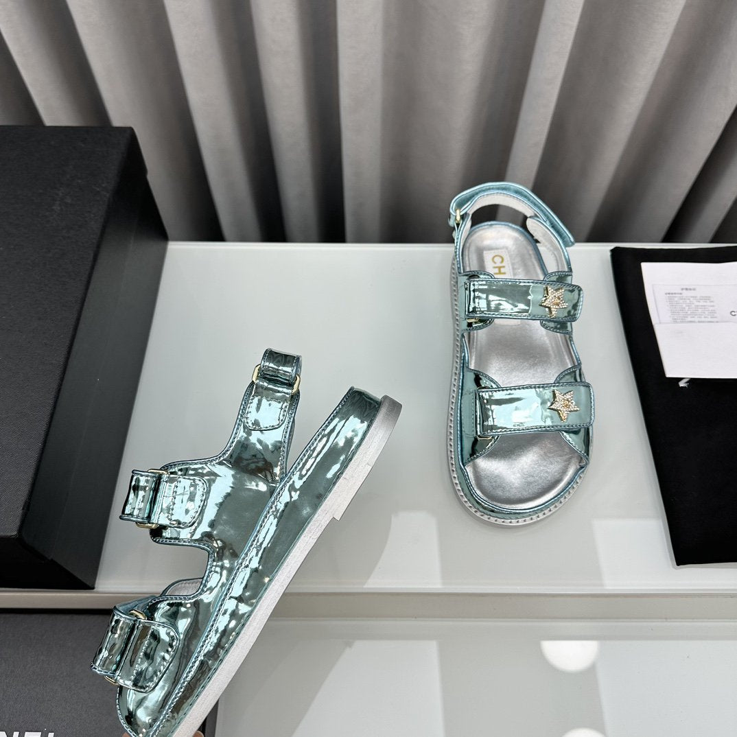 CHANEL dad sandals cloud blue metalic lambskin