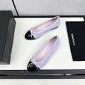 CHANEL BALLET FLATS IN POWDER BLUE TWEED AND BLACK CALFSKIN