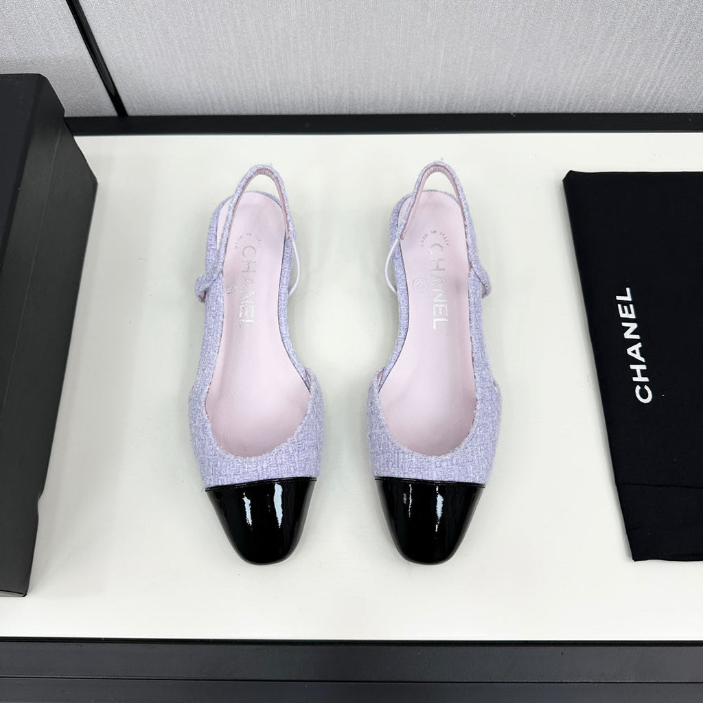 CHANEL SLINGBACK LIGHT BLUE TWEED AND BLACK CALFSKIN