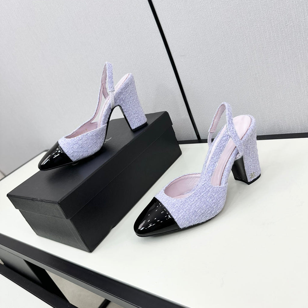 CHANEL HIGH SLINGBACK LIGHT BLUE TWEED AND BLACK CALFSKIN