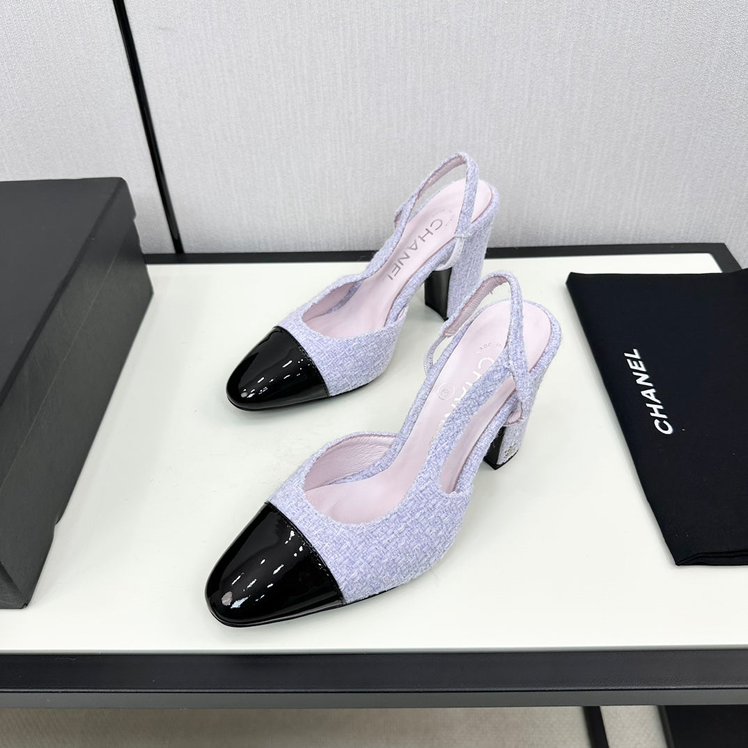 CHANEL HIGH SLINGBACK LIGHT BLUE TWEED AND BLACK CALFSKIN