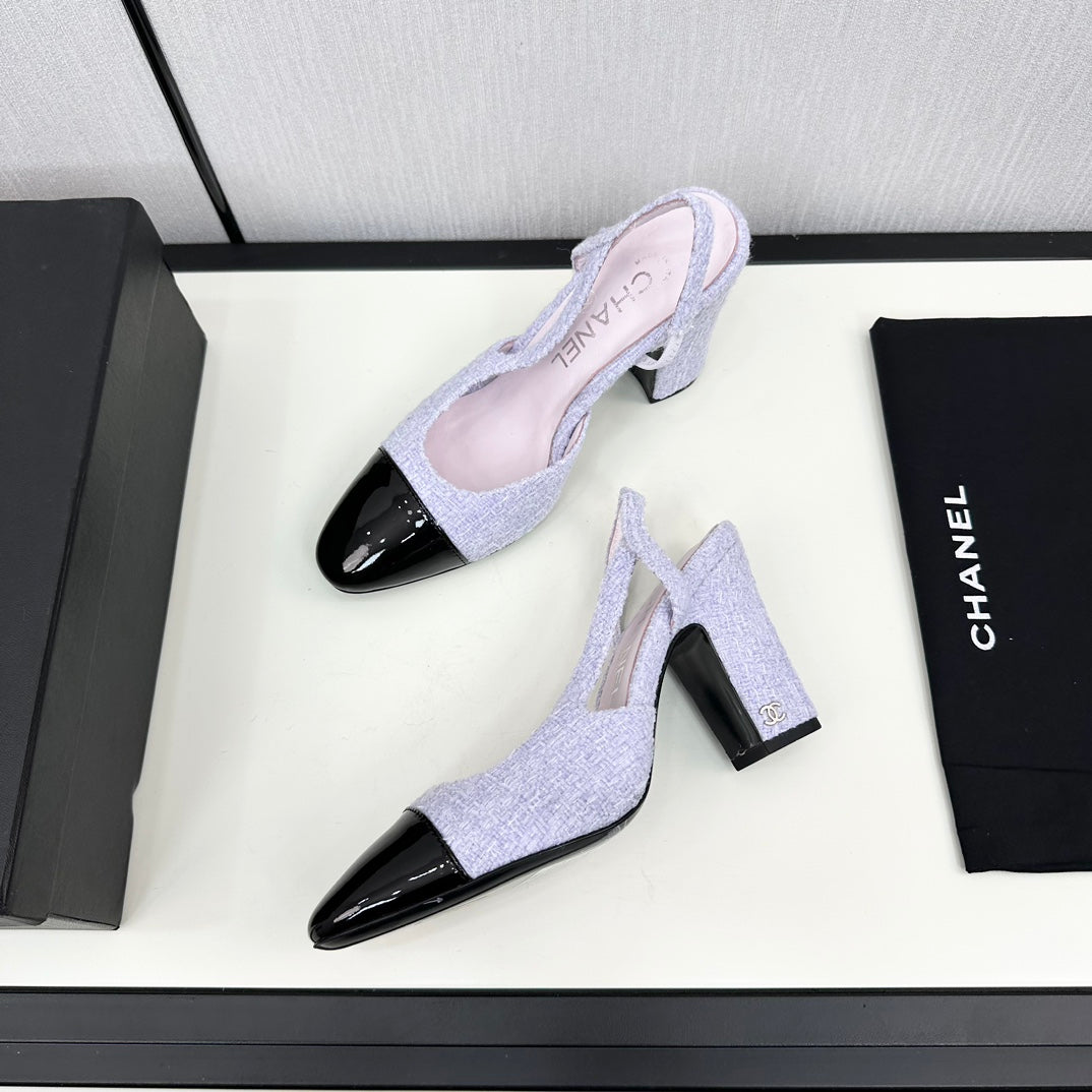 CHANEL HIGH SLINGBACK LIGHT BLUE TWEED AND BLACK CALFSKIN